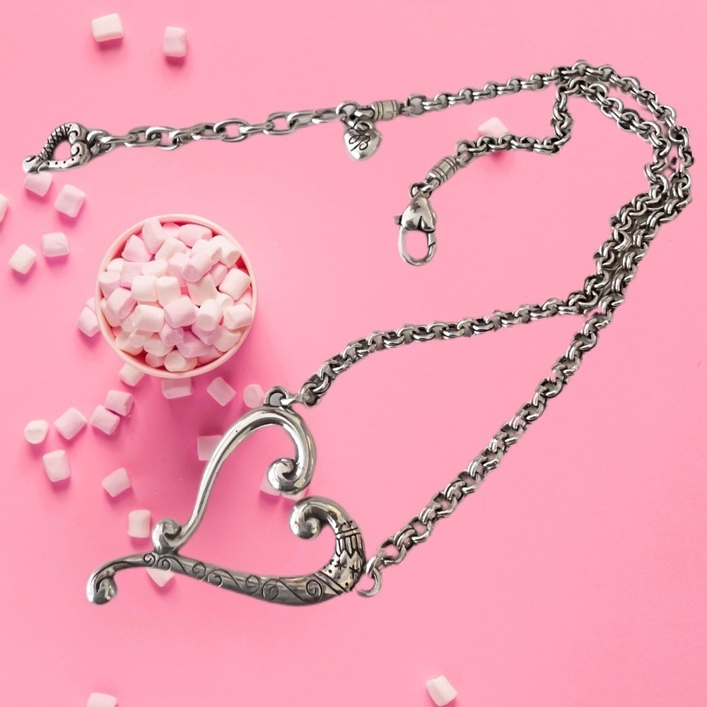 Brighton Tuscan Heart Etched Scroll Heart Necklace 18" Silver Tone.  Retired